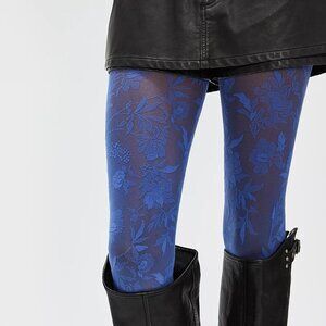Free People x Hansel from Basel Prairie Jacquard Floral Lace Tights Bluebird S/M